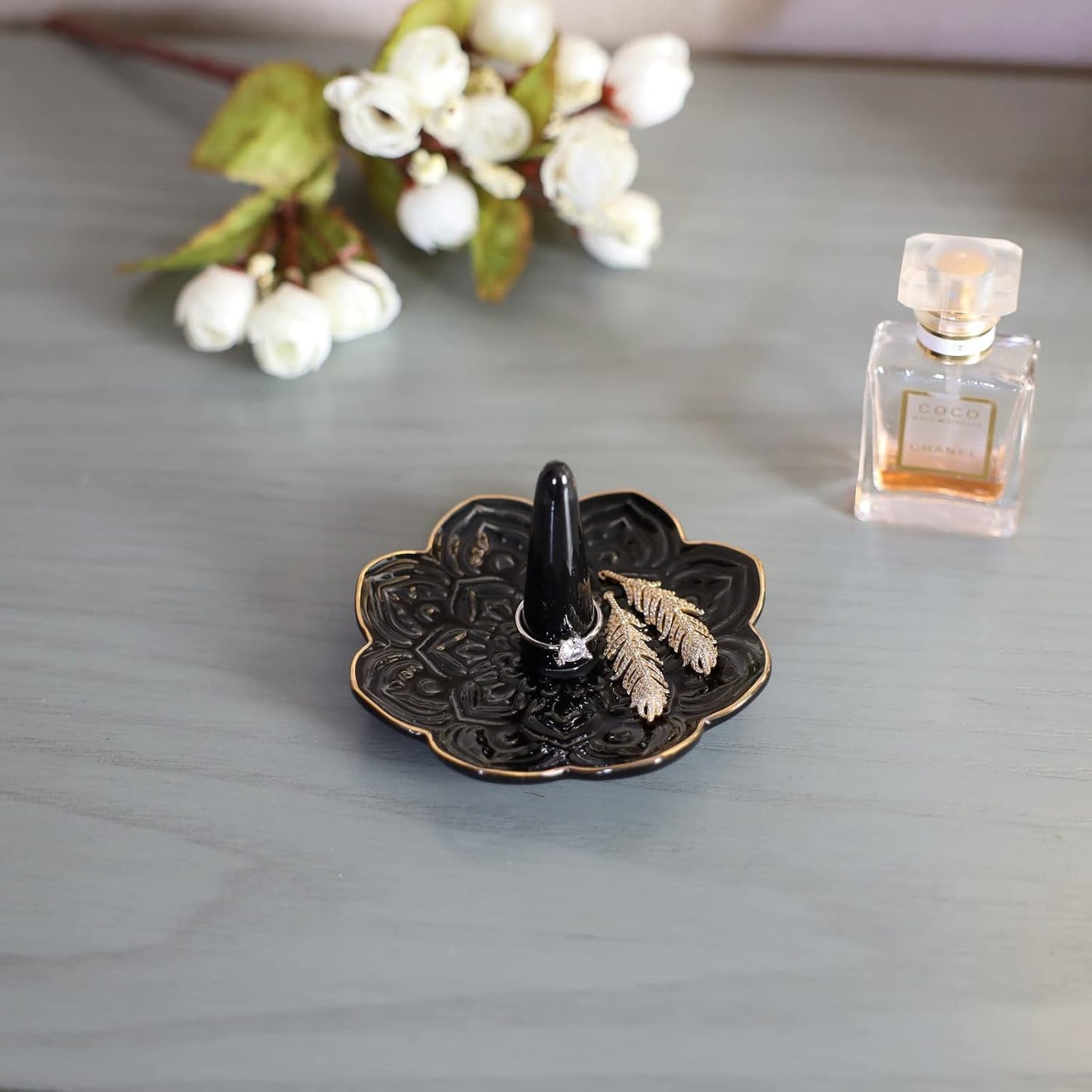 Ceramic Mandala Jewelry Holder Decorative Ring Holder/Trinket Tray Birthday Valentine / Black