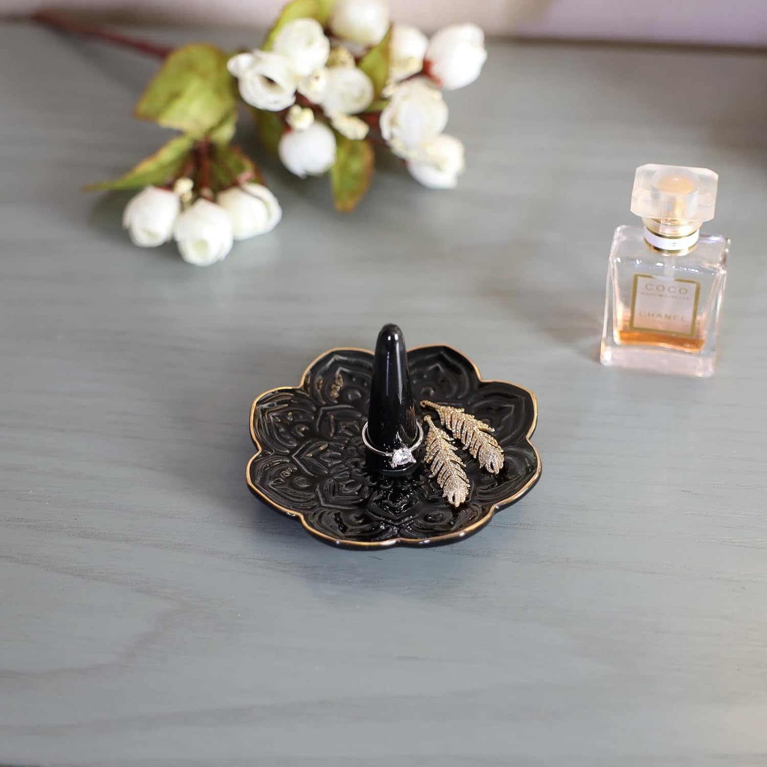 Ceramic Mandala Jewelry Holder Decorative Ring Holder/Trinket Tray Birthday Valentine / Black