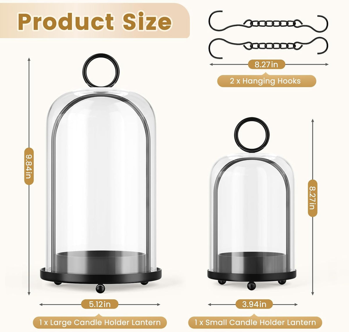 Metal Candle Holder, 5"&4" Wide Hurricane Glass Candle Holders with Handmade Glass Dome, Hanging Candle Lantern for