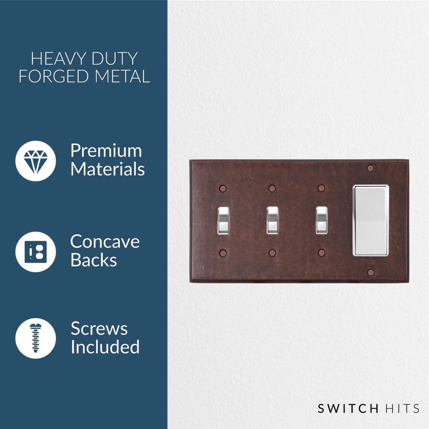 Mottled Antique Copper Outlet Wall Plate | 3 Toggle - 1 GFI Rocker | 8.25" x 4.5" | Hand-Polished Brass Construction