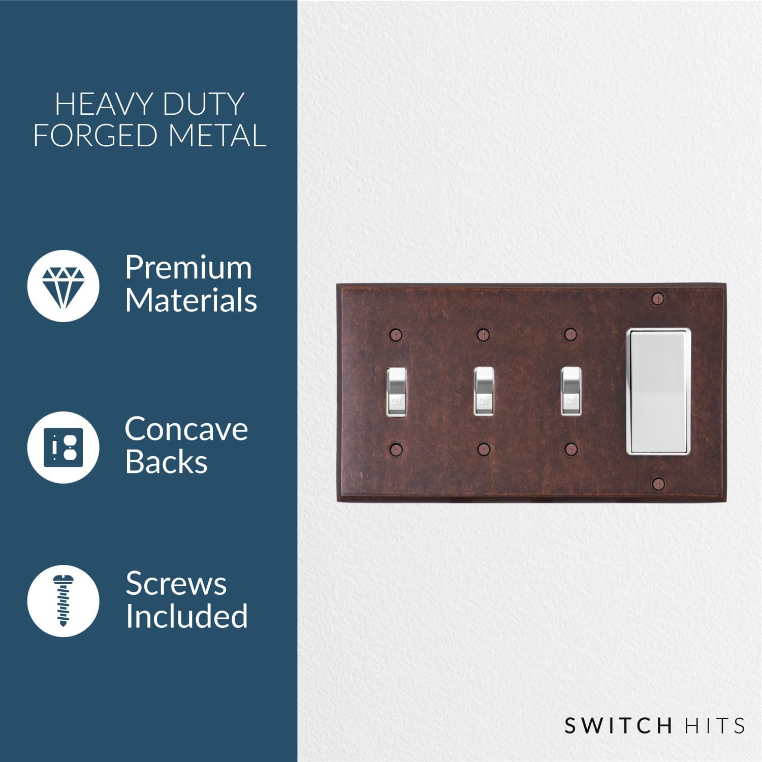 Mottled Antique Copper Outlet Wall Plate | 3 Toggle - 1 GFI Rocker | 8.25" x 4.5" | Hand-Polished Brass Construction