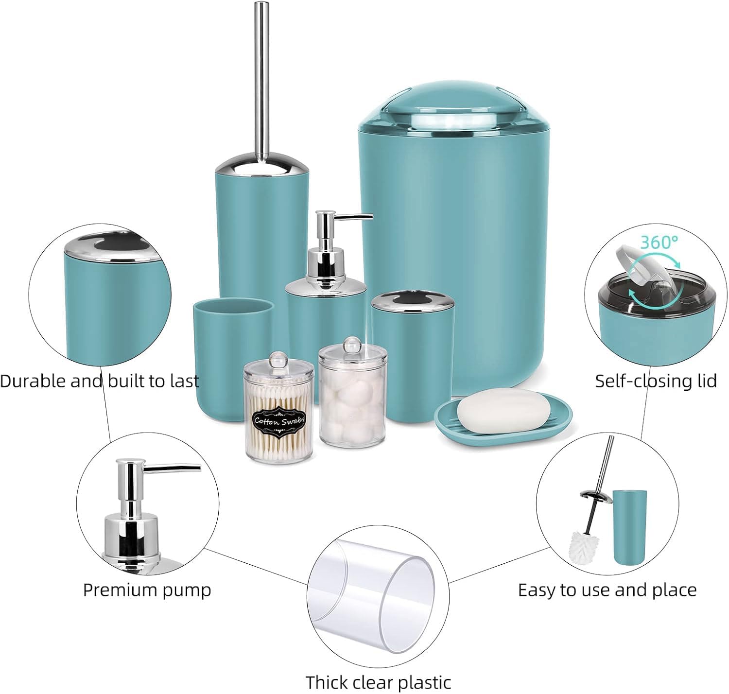 IMAVO Bathroom Accessories Set,Blue Bathroom Set,9 Pieces Bathroom Accessory Set,Tray,Qtip Holders,Toilet Brush,Trash
