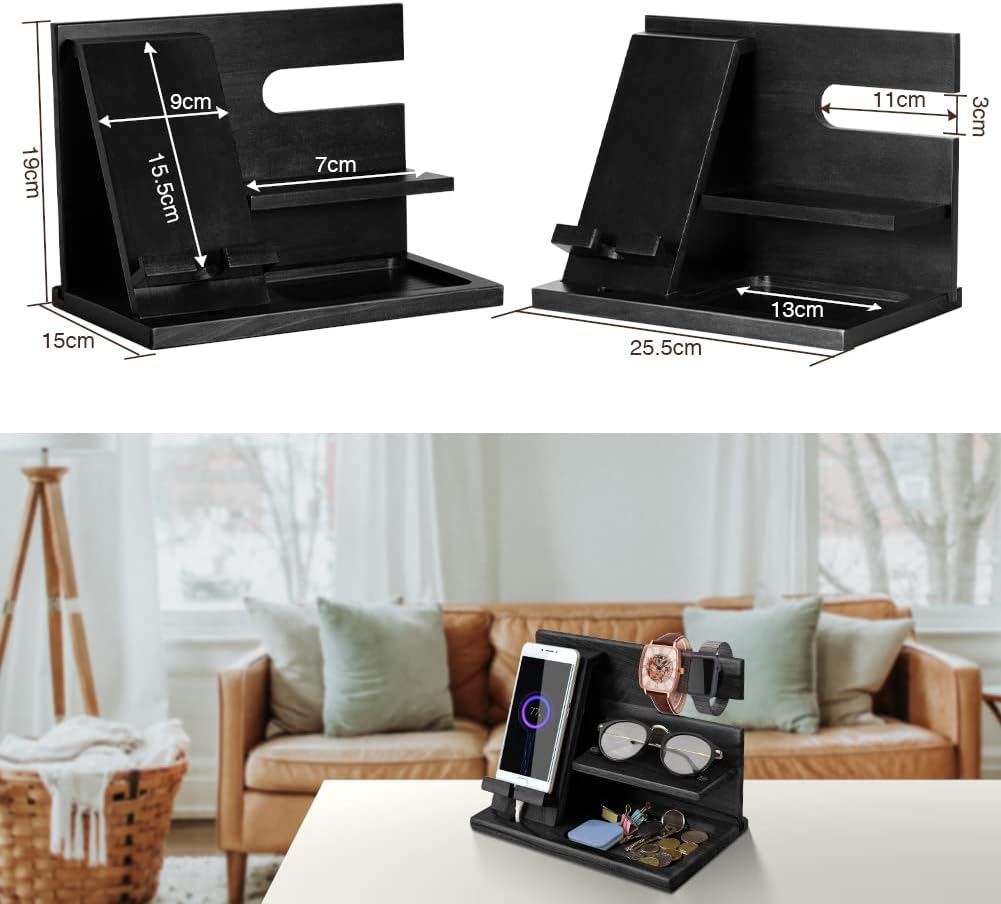 Gifts for Men Bedside Organiser Wood Phone Docking Station Dad Birthday Gifts for Him Nightstand Key Wallet Watch Stand
