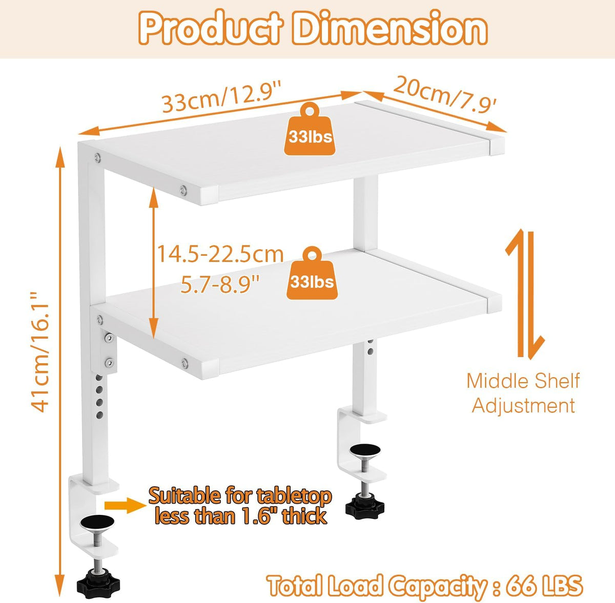 IBUYKE Clamp on Desk Organizer Shelf,Desk Extender Shelves UTMZ007W | 12.9 inches,2-Tier Adjustable Storage Shelves