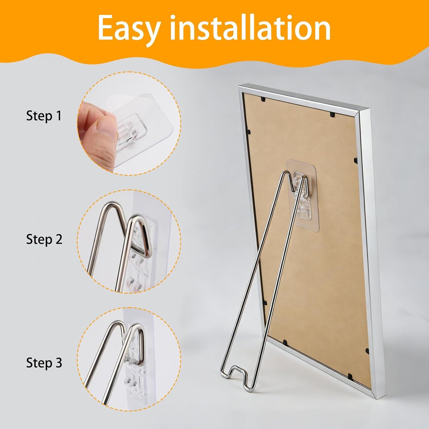 Self Adhesive Photo Frame Stands for Frames / Silver 3 Sizes / Set of 6