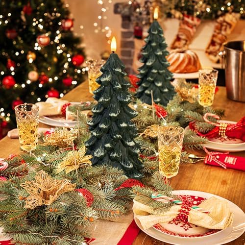 Christmas Tree Shaped Flickering Flameless Candles, Green Real Wax Battery Operated LED Candles with Timer for Christmas Home Party Decoration Christmas Gift Set of 2