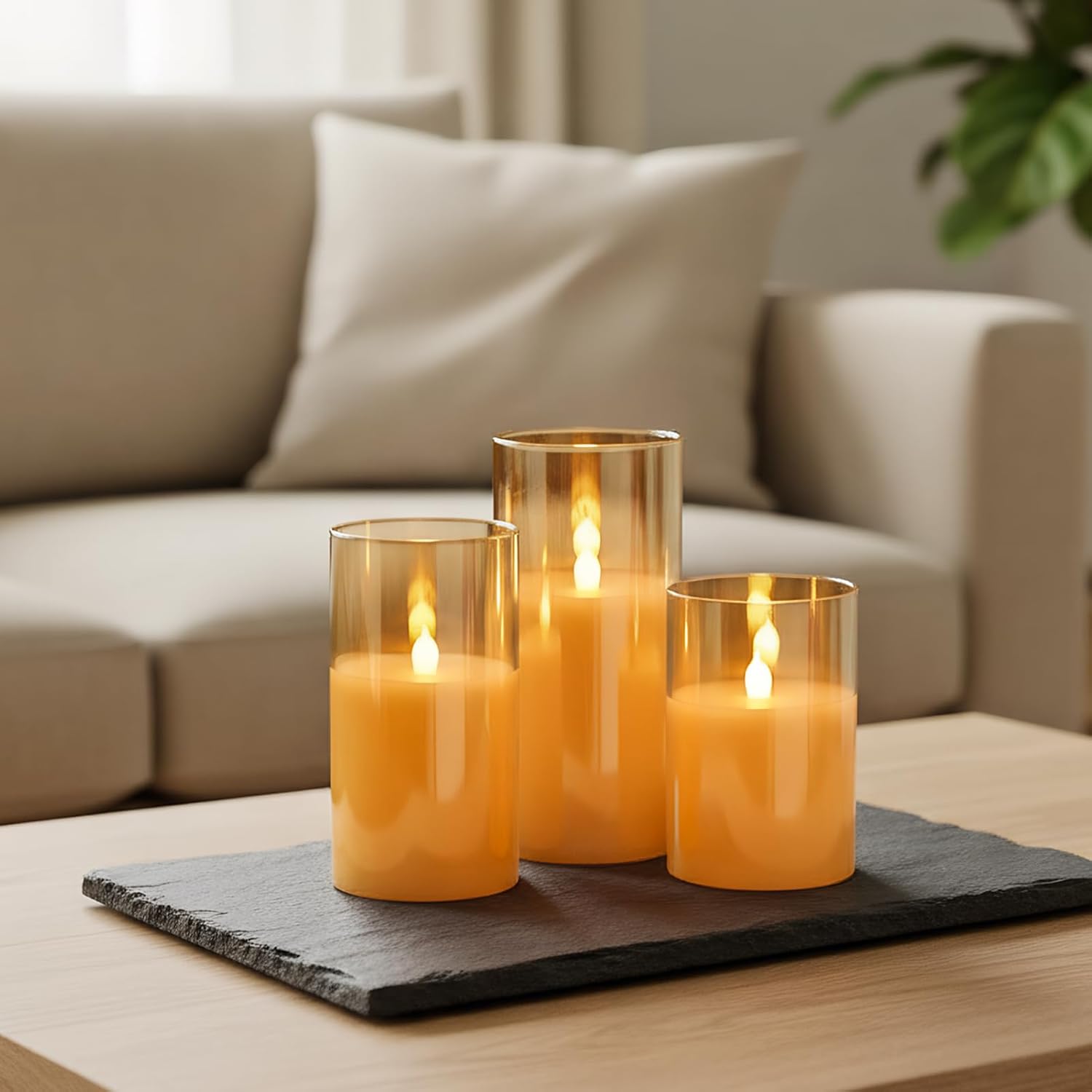 GenSwin Glass Flameless Led Candles Battery Operated with Remote Timer Gold | Bookshelf Decor, Moody Bathroom Decor