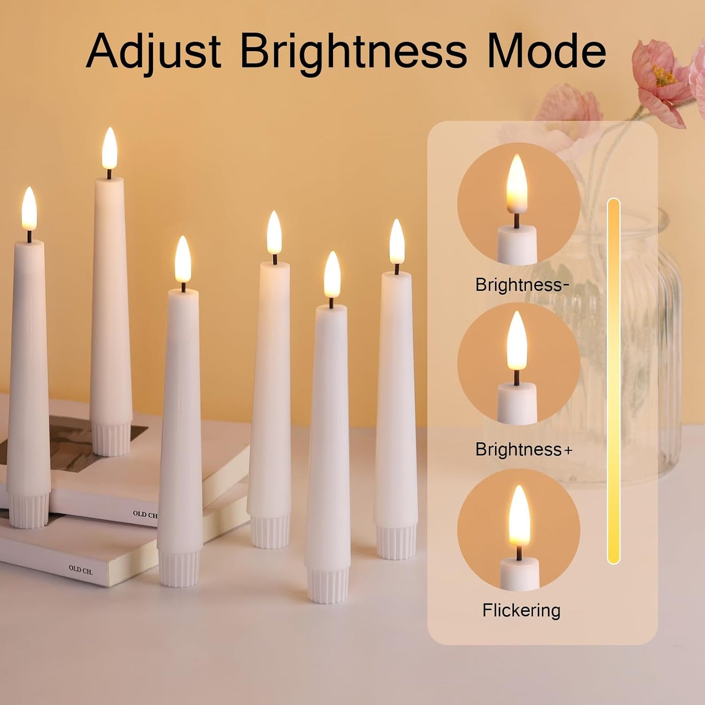 Short White Flameless Taper Candles with Remote Set of 6 | Flickering LED Candlesticks, Real Wax Coating, 2 AAA Battery
