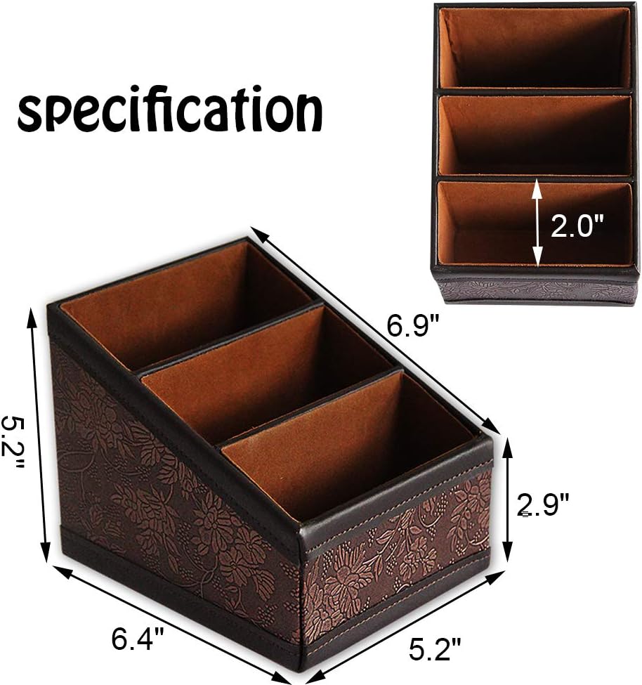 PU Leather Remote Control Holder Storage Container for TV Remote Phone Caddy Eyeglasses / Brown