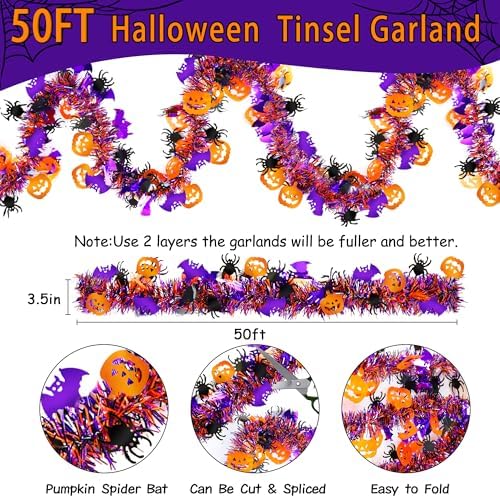 50FT Halloween Tinsel Garland with Orange Pumpkin Black Spider Purple Bat