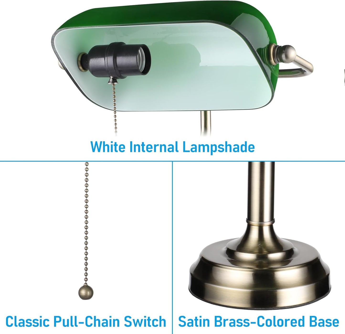 TORCHSTAR Green Glass Bankers Desk Lamp with Pull Chain, E26 Base | Brass Finish Base, Antique Traditional Library Lamp