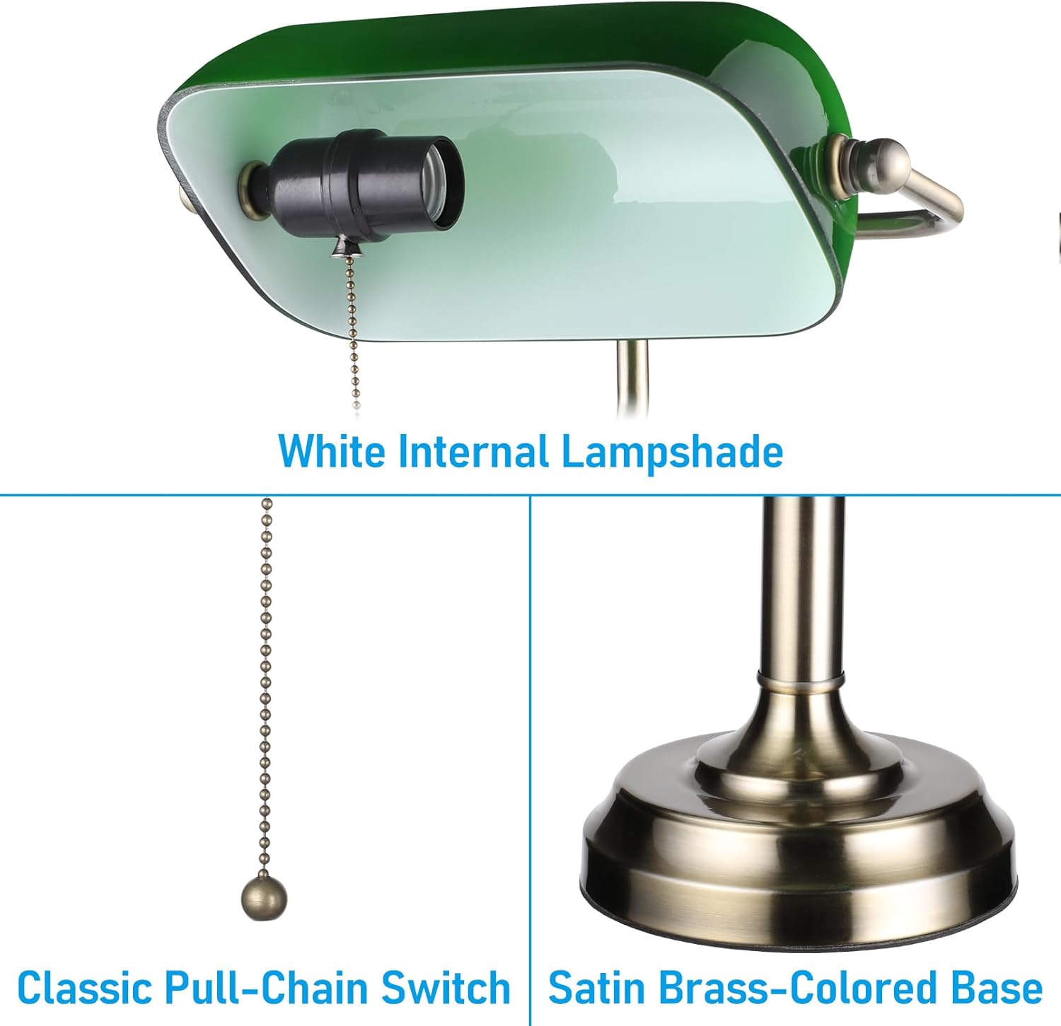 TORCHSTAR Green Glass Bankers Desk Lamp with Pull Chain, E26 Base | Brass Finish Base, Antique Traditional Library Lamp