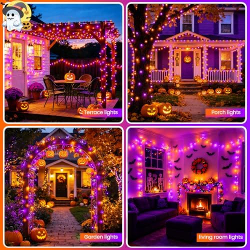 Orange Purple Halloween Lights String Waterproof for Halloween Decorations, Timer 8 Modes Battery Operated String Lights 50LED 17FT for Indoor and Outdoor