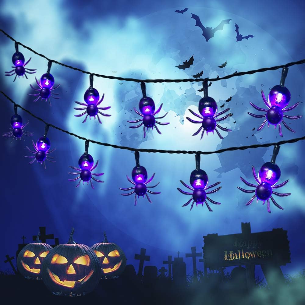 Solar Halloween String Lights,2 Pack 30 LED Spider Lights Each