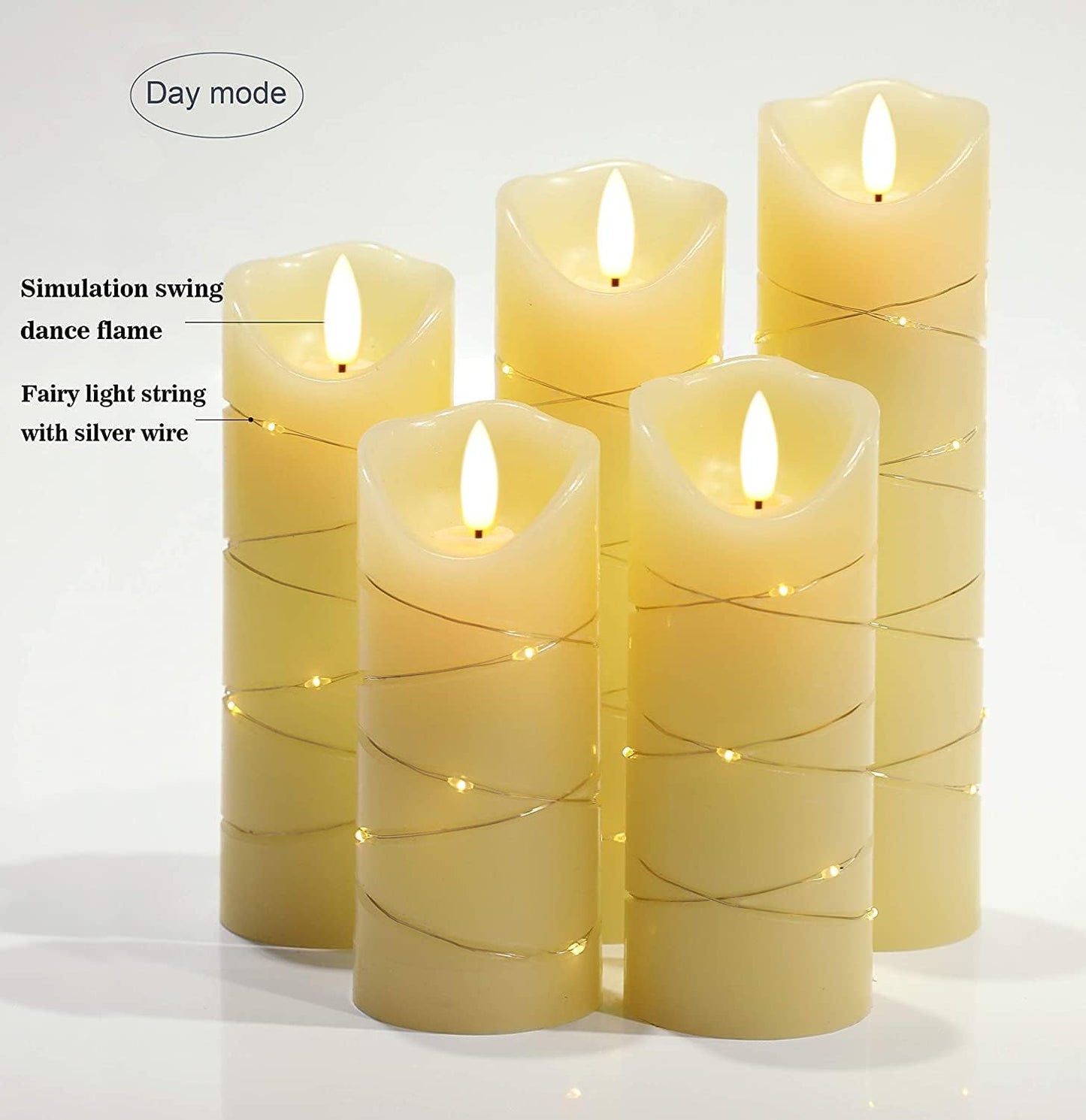 danip flameless Candle, with Embedded String Lights, 5-piece LED Candles, with 10-Key Remote Control, 24-Hour Timer
