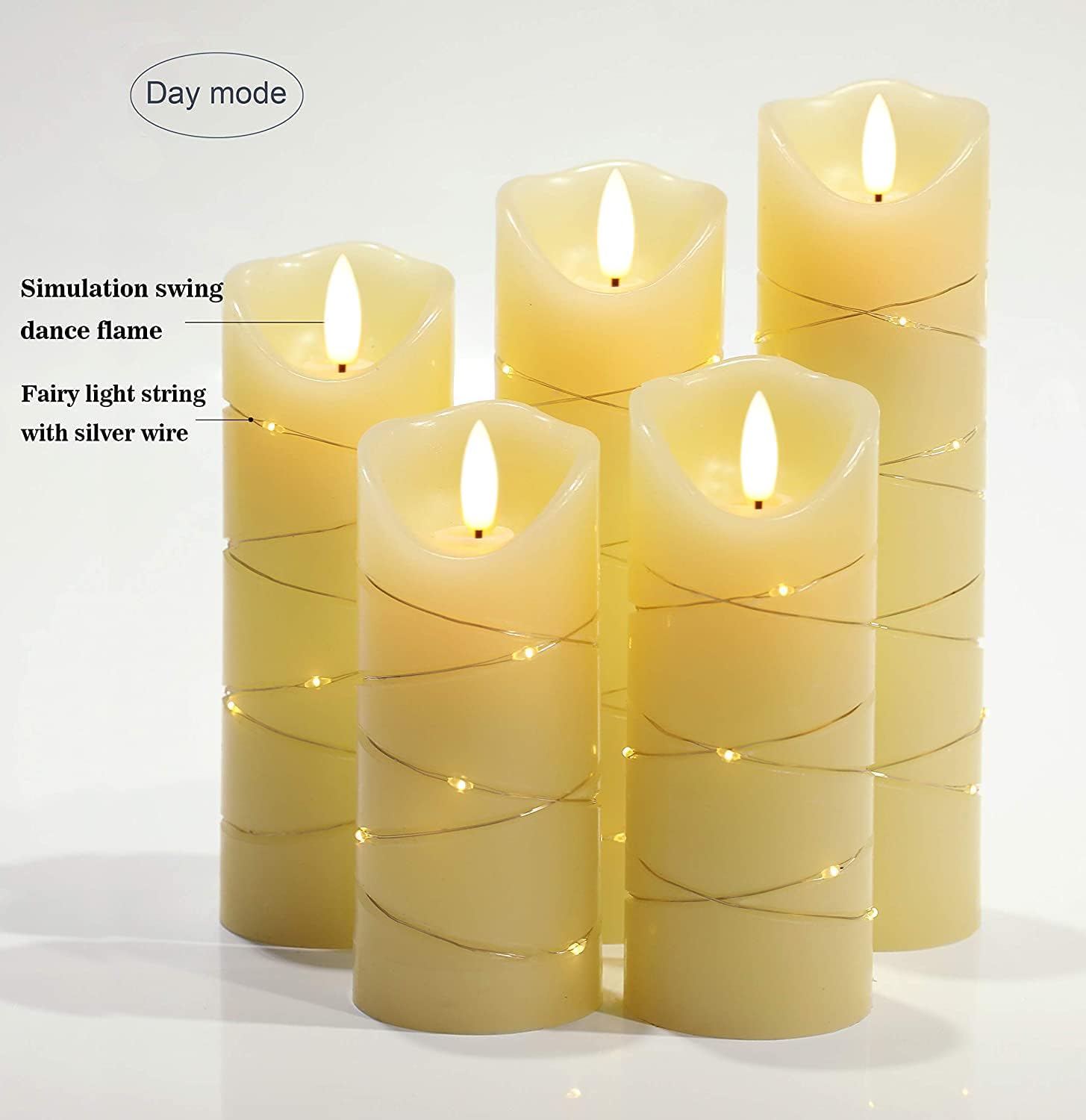danip flameless Candle, with Embedded String Lights, 5-piece LED Candles, with 10-Key Remote Control, 24-Hour Timer