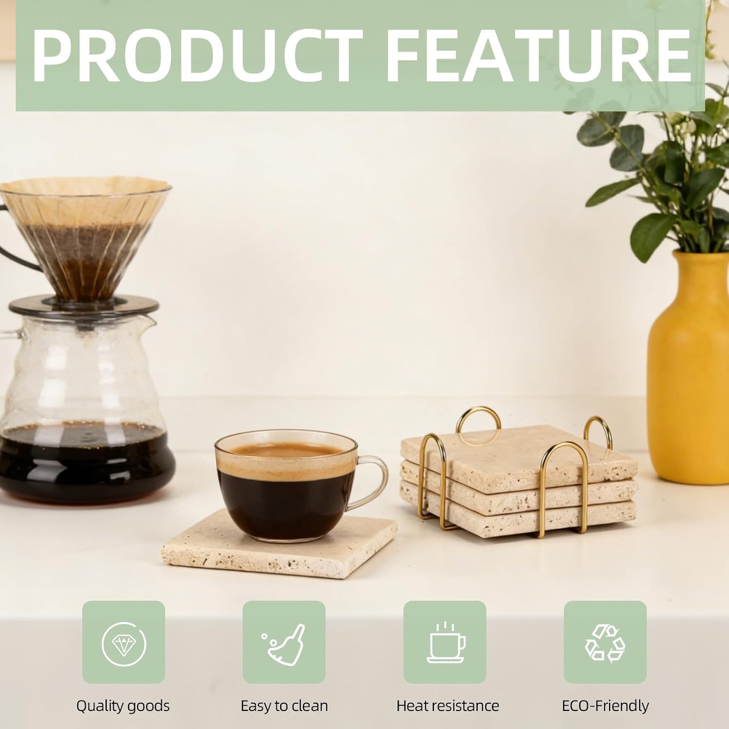 Gold Cup Holder / 4 Squares Coasters+ 1 Cup Holder / Natural / Set of 4