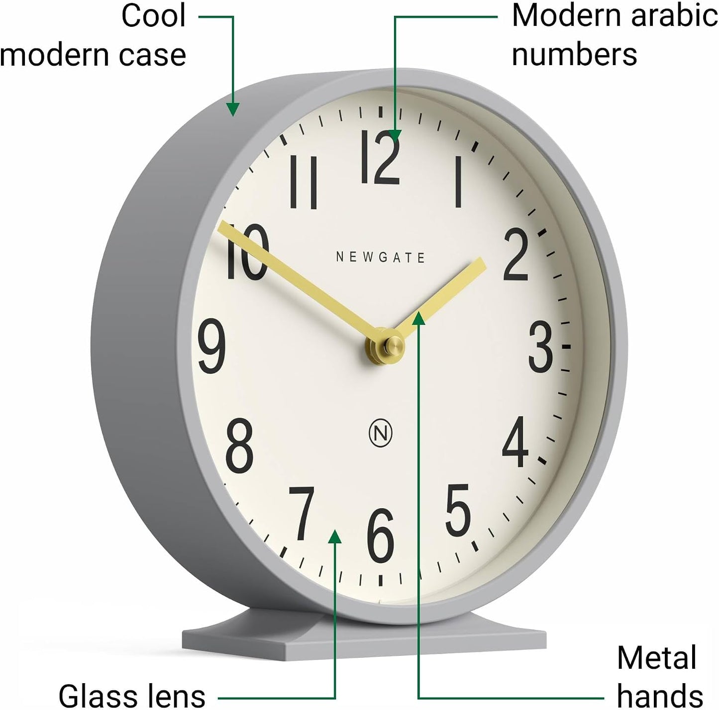 NEWGATE® Q Mantel Clock | Modern Classic Round Mantel Clock | Clockwork Gray | Contemporary Style for Mantel, Desk