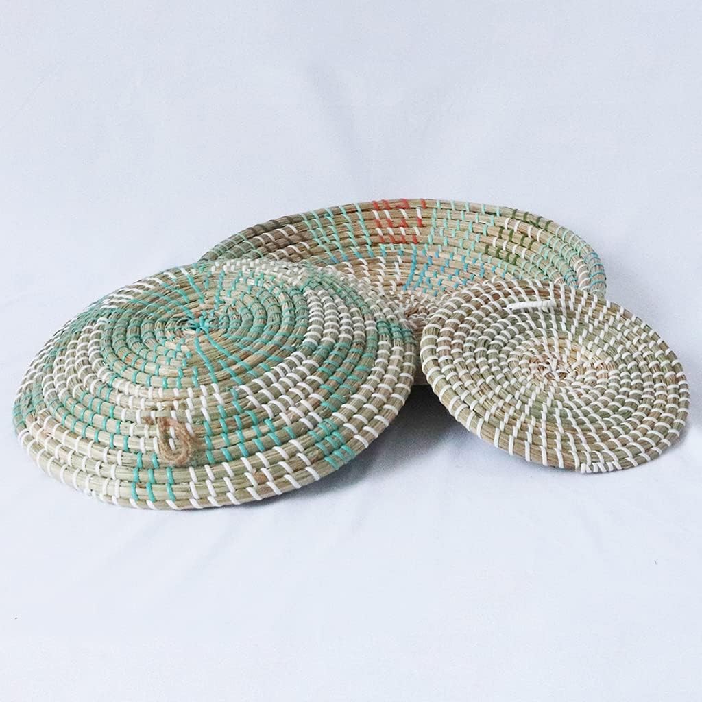 Boho Woven Wall Basket Decor Handmade Seagrass Round Hanging Decorative Fruit Dessert / Set of 3