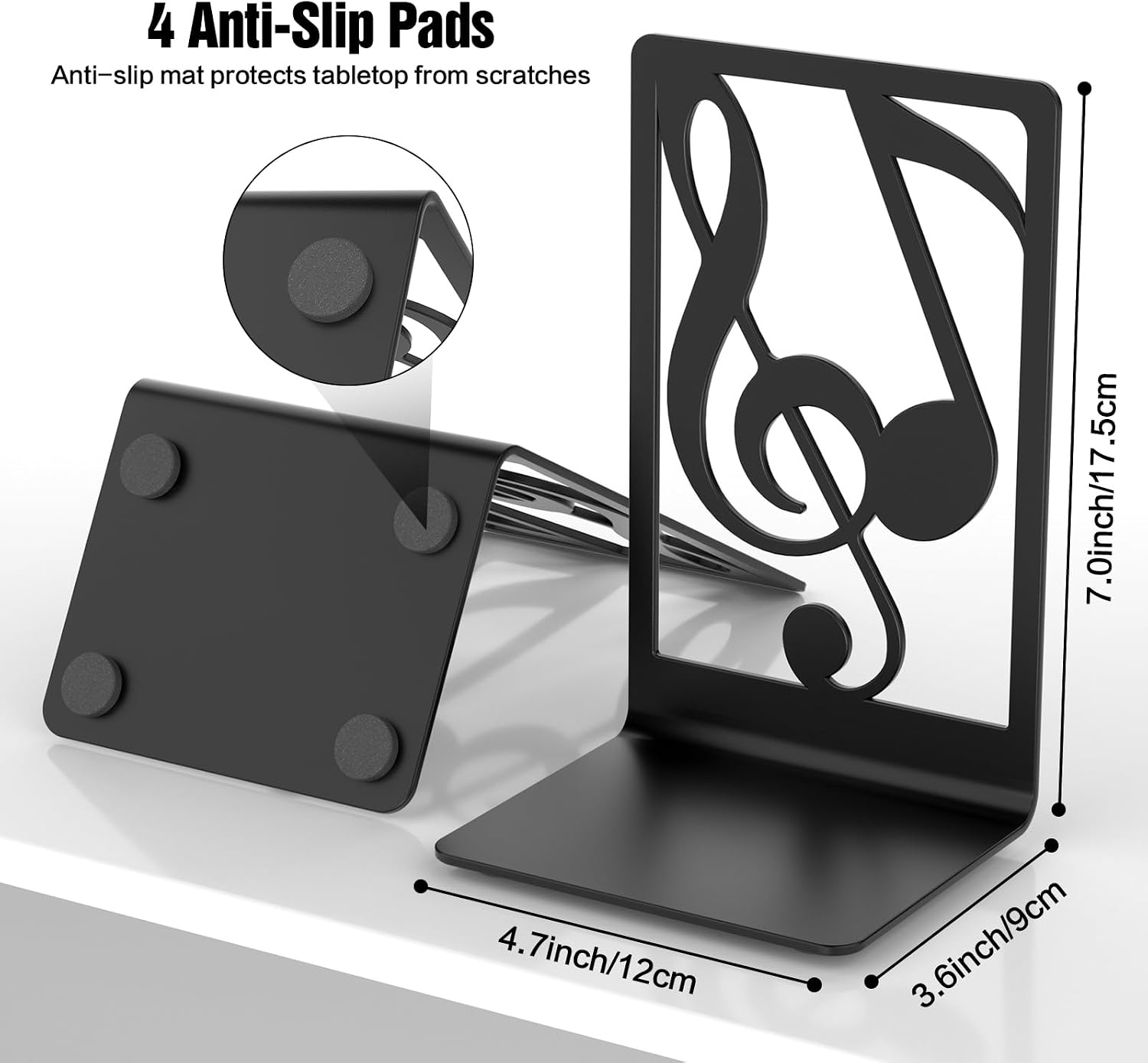 Metal Book Ends for Heavy Books & Shelves / Music / 1 Pair / Black
