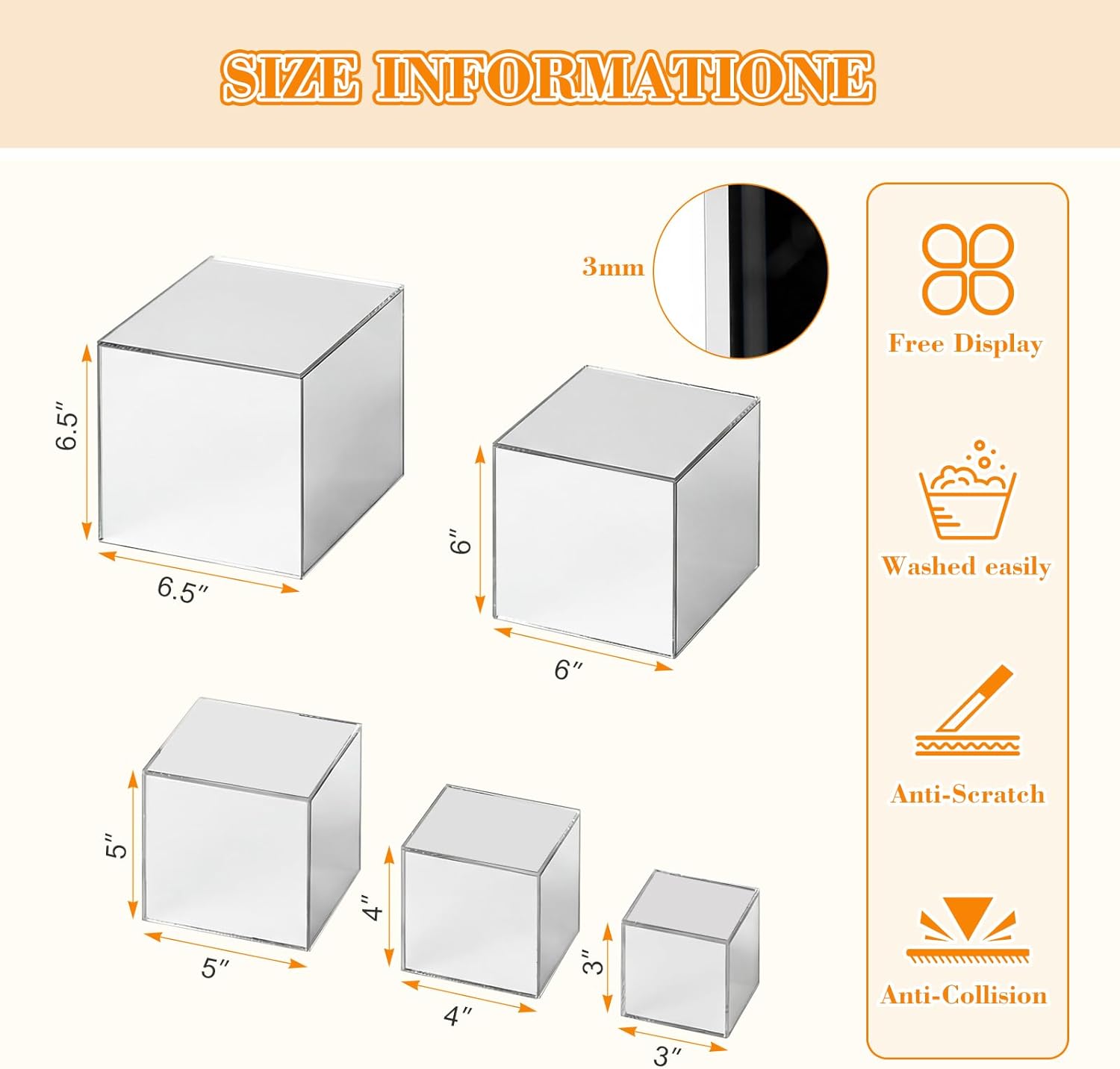 Hollow Bottom Acrylic Cube Stand Boxes for Display / Silver Mirror / 3, 4, 5, 6, 6.5 Inch / Set of 5