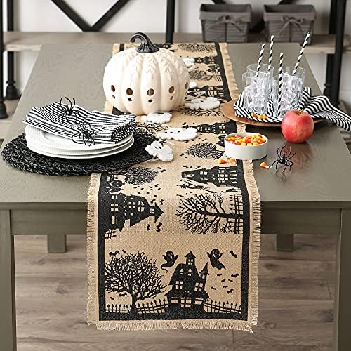 DII Halloween Primitive Style Burlap Tabletop Décor, Spooky Haunted House Jute, Table Runner, 14x113, Black & Tan
