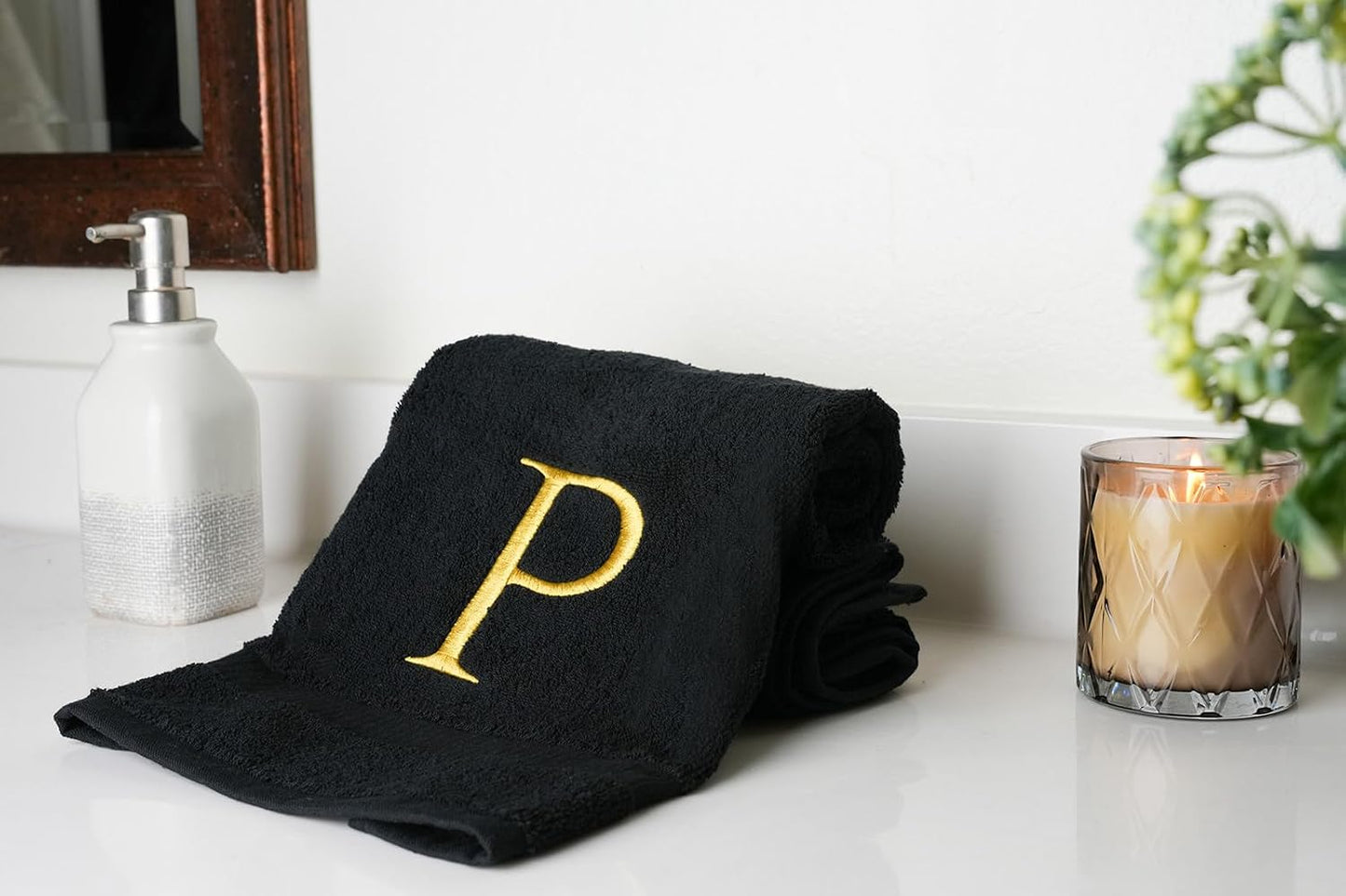Black with Gold Monogrammed Hand Towels for Bathroom - Set of 2 Letter N | Luxury Hotel Quality Initial Towels For