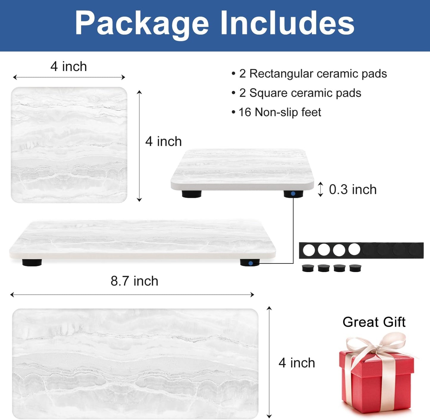 Water Absorbing Stone Drying Tray / Marble Light Gray / Set of 4