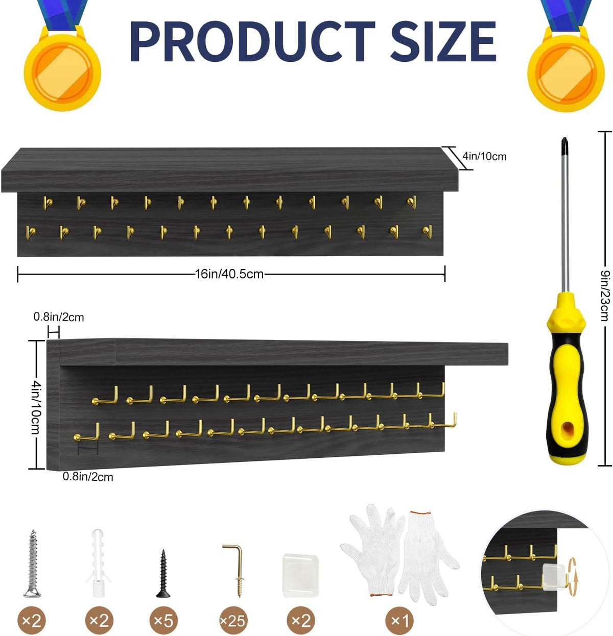 Medal Holder Display Trophy Shelf Organizer, Sturdy Wooden Race Award Hanger Rack with 25 Steel Hooks, Wall Mount