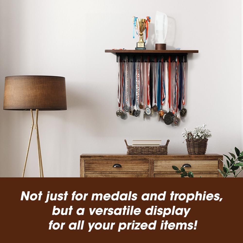 J JACKCUBE DESIGN Medal Display Hanger and Trophy Shelf with 39 Hooks, Wall Mounted Marathon Race Sports Gymnastics