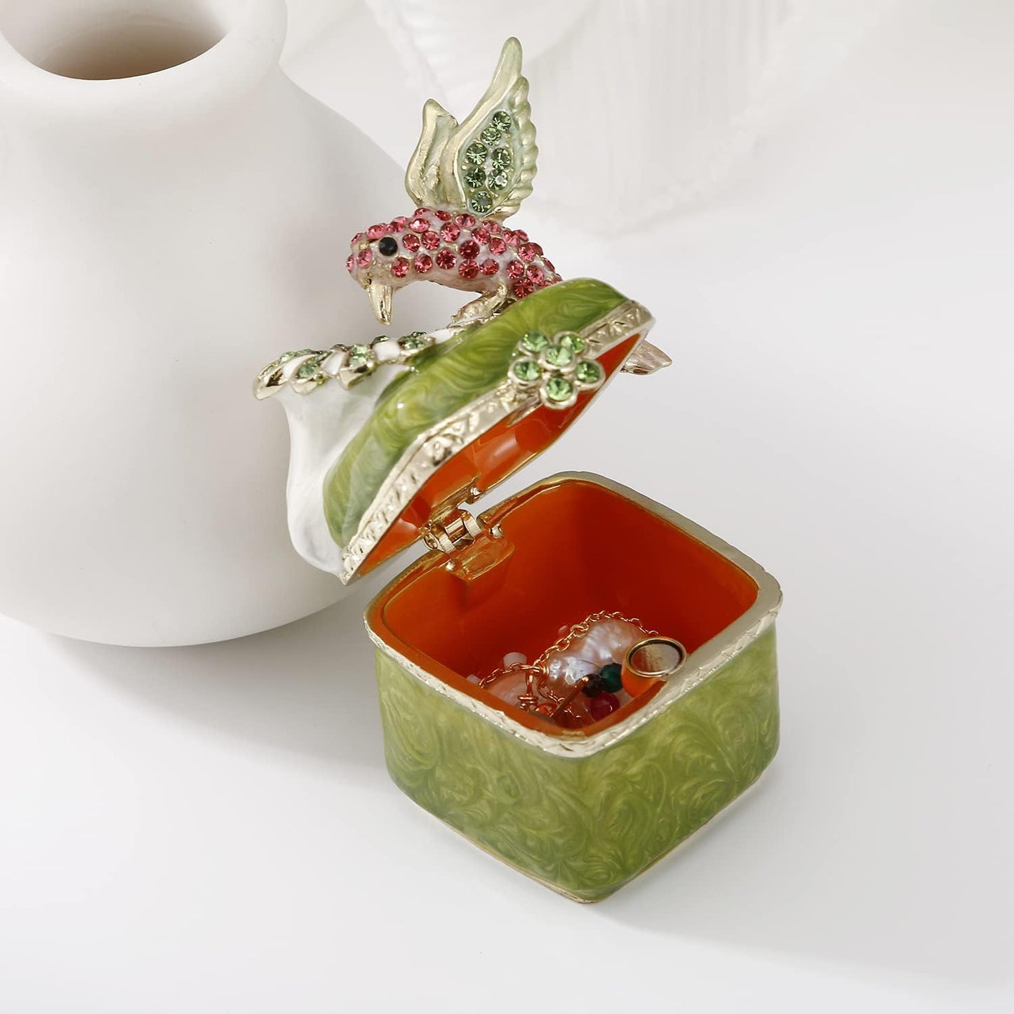 Unique Figurine / Hinged Jewelry Organizer for Ring Earrings / Green Hummingbird-3
