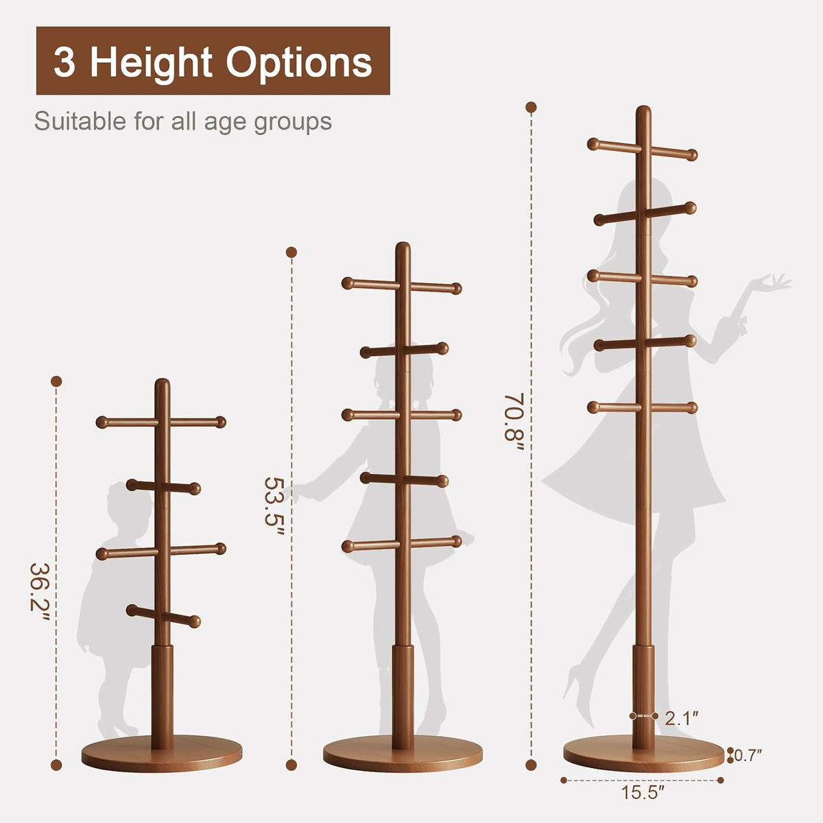 Solid Wood Coat Rack Freestanding with 10 Hooks, Coat tree freestanding 3 Adjustable Heights for coat, Hats, Handbags
