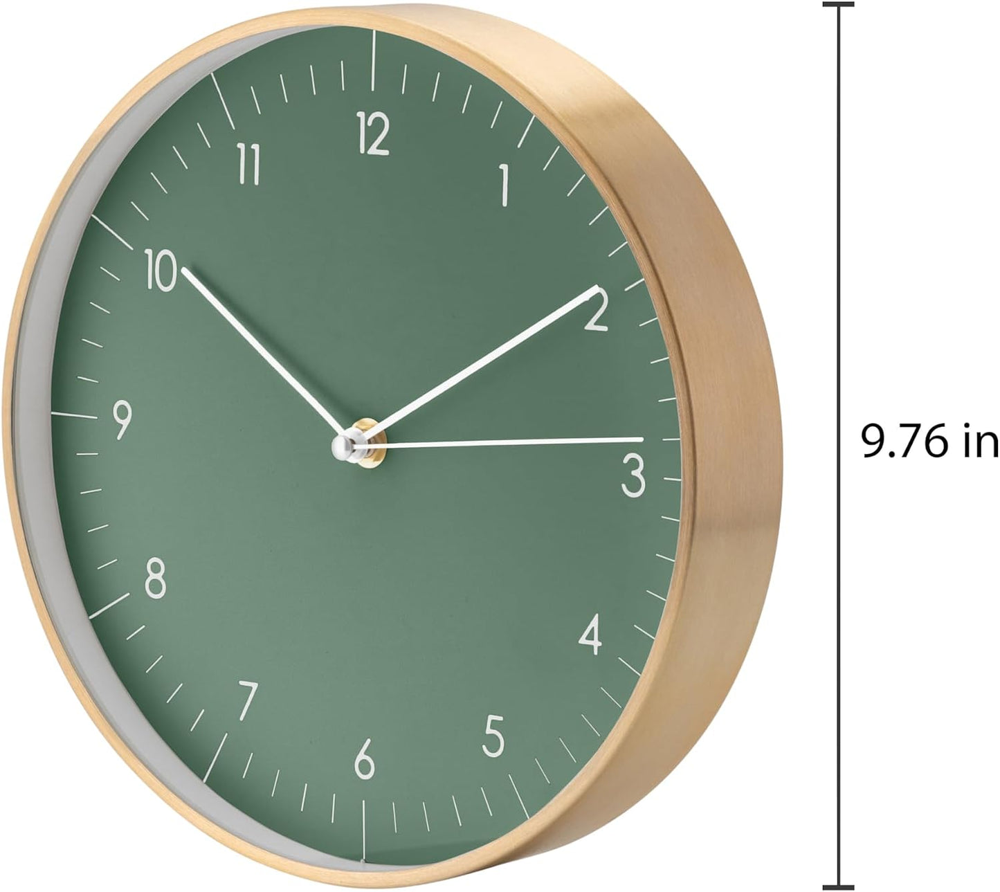 Modern Silent Quartz Wall Clock, 10in, Dark Green & Gold | Designed in Germany, Simple & Elegant, Non-ticking, Analog