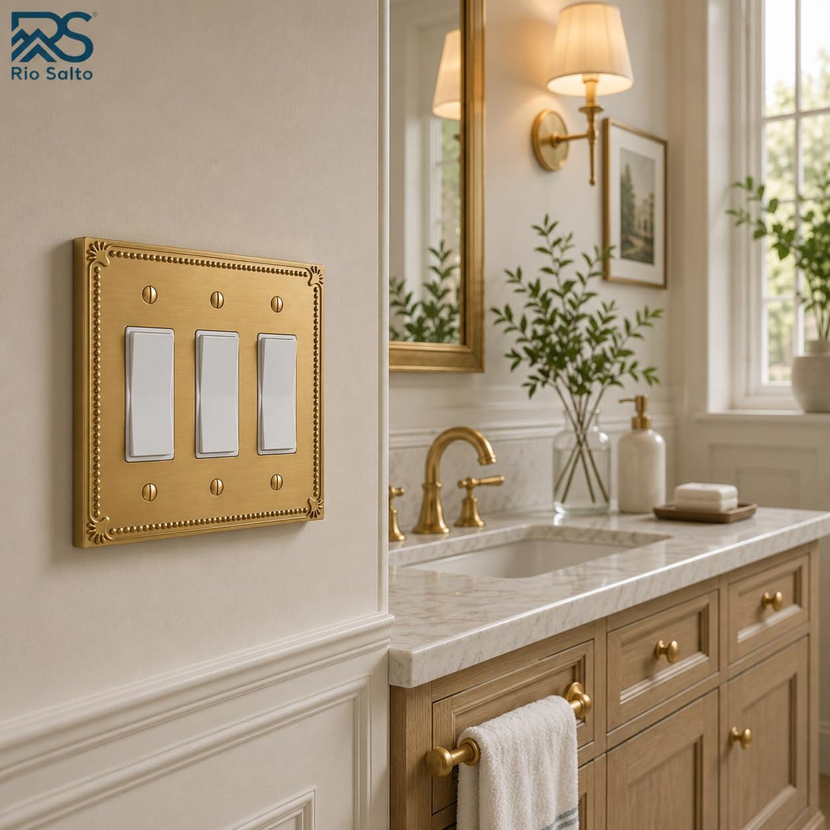 Rio Salto Brushed Gold Decorative 3 Rocker Light Switch Cover Plate 3 Gang Rocker Switch Plate Triple Rocker Wall Plate