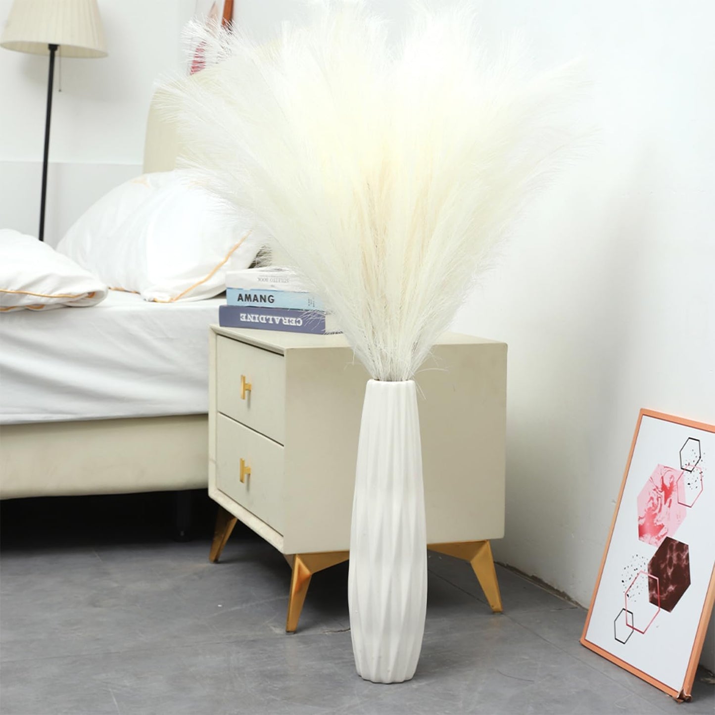 Tall Faux Pampas Grass Decor Artificial Pompas Grass for Floor Vase Filler / Cream White / Set of 8