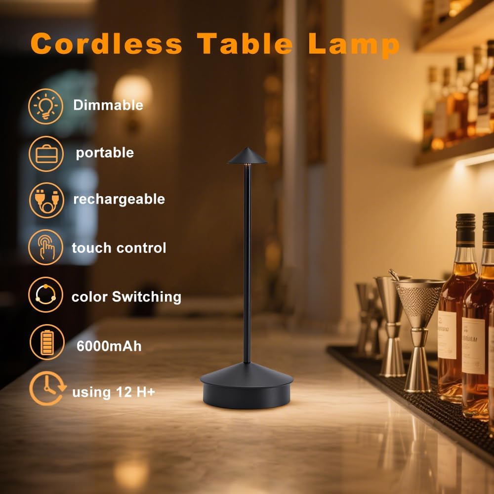 2 Pack Aluminum Cordless Table Lamp, 6000mAh Rechargeable Table Lamps, Portable Touch LED Lamp, Outdoor Waterproof