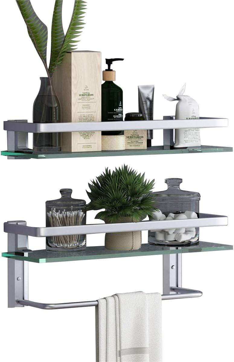 Glass Bathroom Shelf 15.7in Bathroom Shelf Wall Mounted Floating Glass Shelves with Towel Holder Glass Shelf for