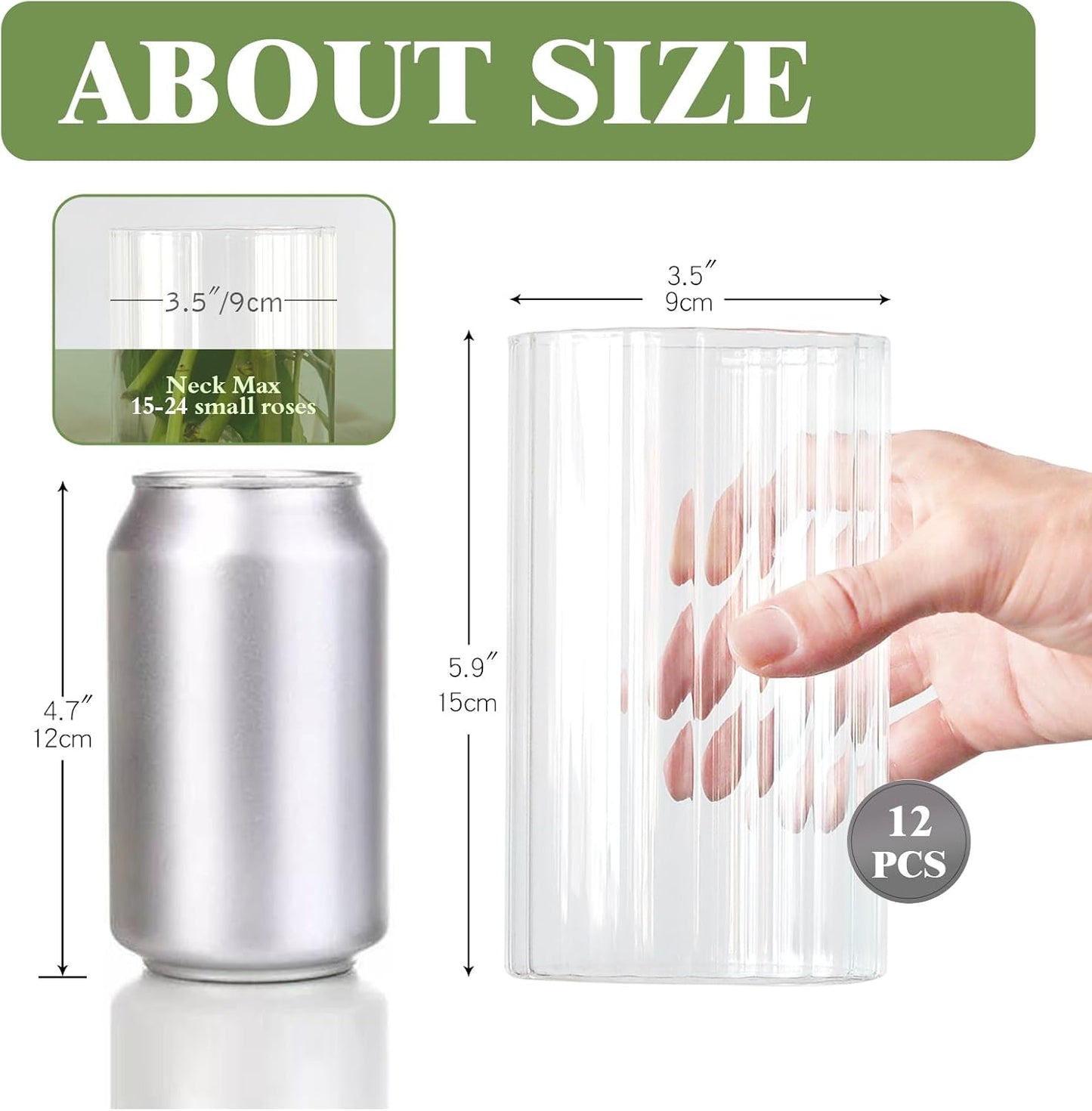 Glass Cylinder vases for Centerpieces / Ribbed / Clear / 6 Inch / Set of 12