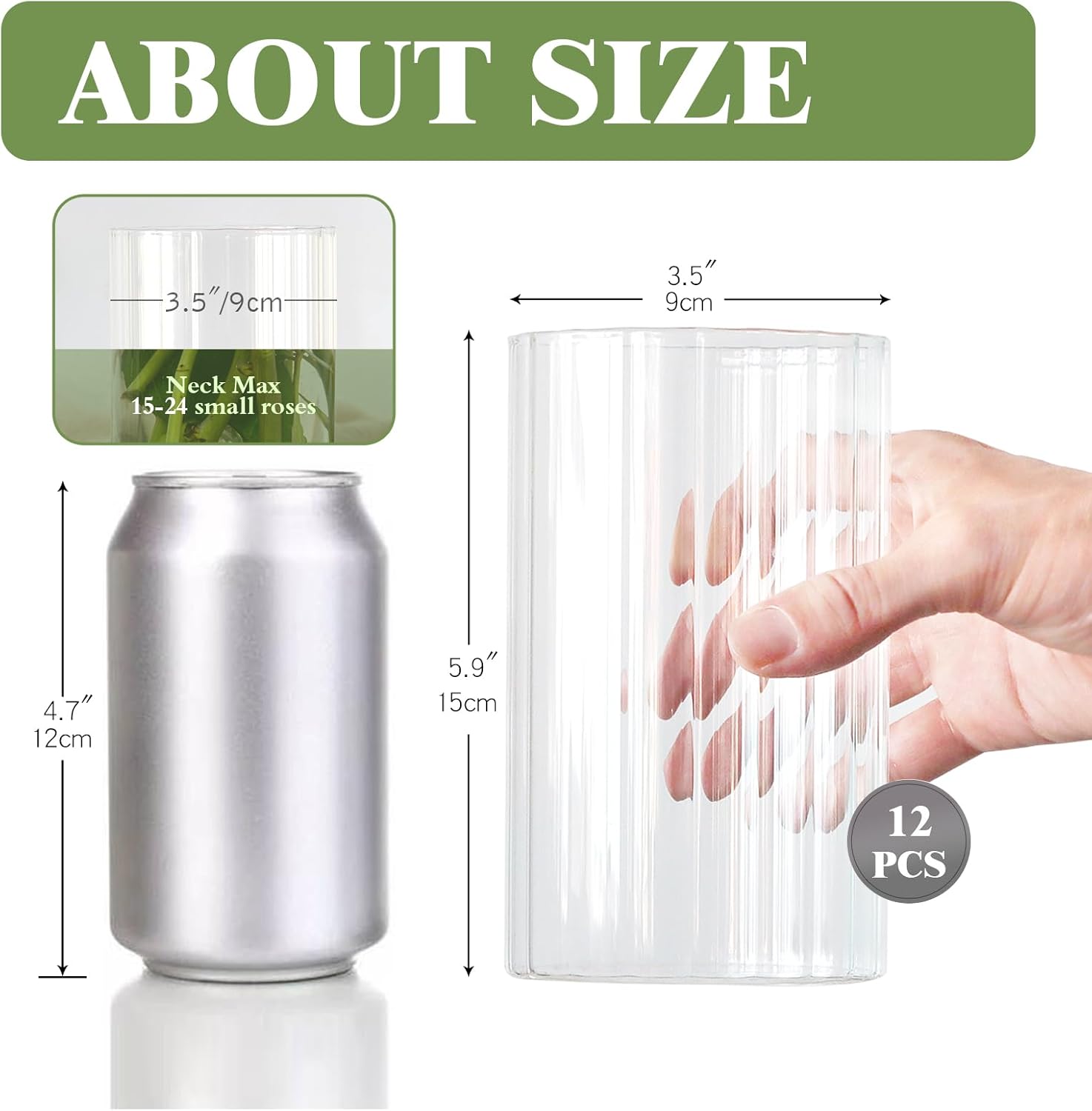 Glass Cylinder vases for Centerpieces / Ribbed / Clear / 6 Inch / Set of 12