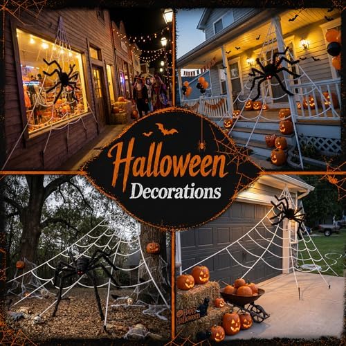 Land Guard 236'' Big Spider Web Halloween Decor+70'' Huge Spider for Roof with Triangular Big Web for on House Outside and Inside