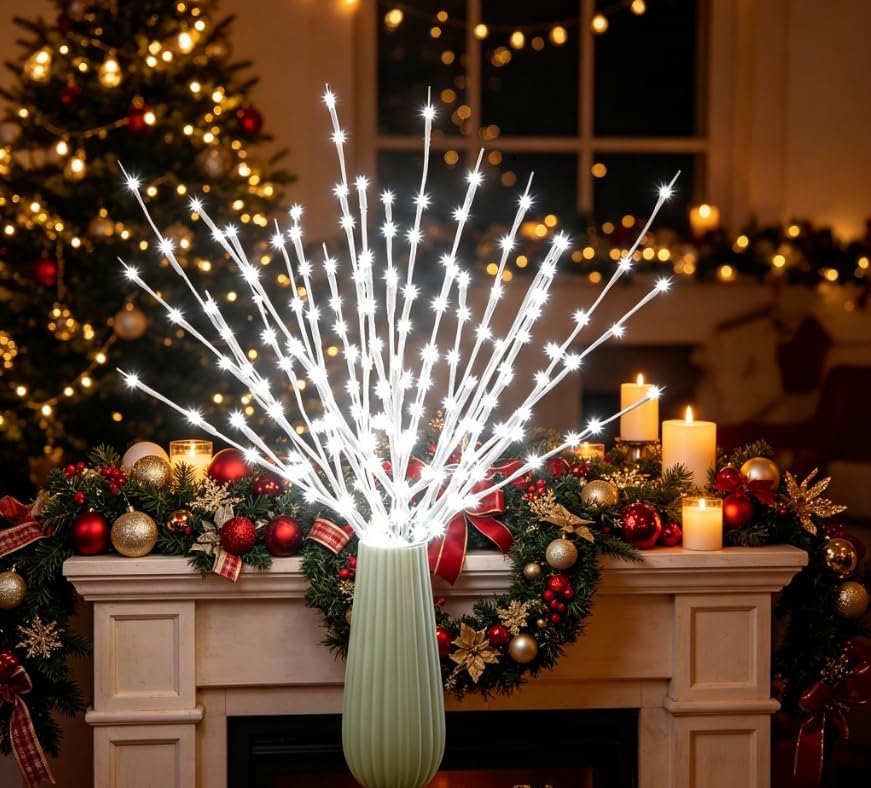 DK177 4 Pack LED Branch Light Battery Operated Lighted Branch Vase Filler Willow Tree Artificial Little Twig Power Brown 30 Inch 20 LED for Home Romantic Decoration, White