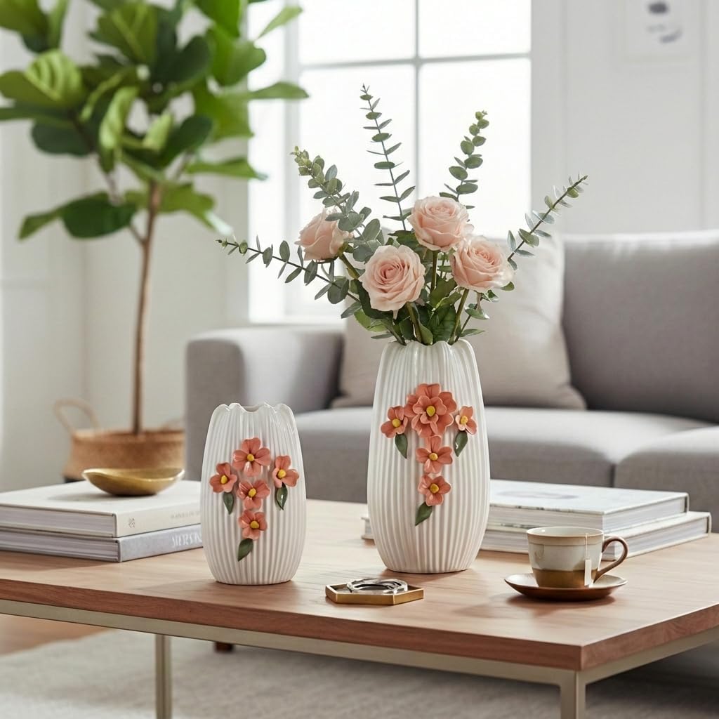 Ceramic Modern Vase for Pampas Grass / White and Orange / 7 Inch