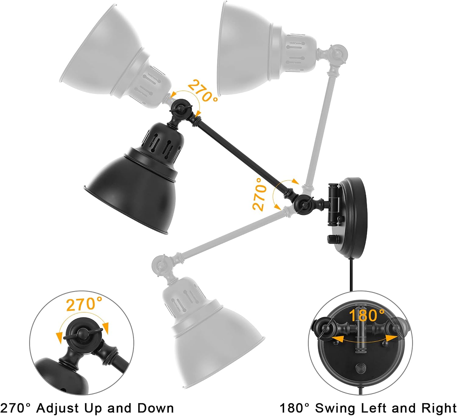 GOODATE Plug in Wall Sconces, Wall Sconce Lighting with Dimmable On Off Switch, Swing Arm Wall Lamp, Black Metal