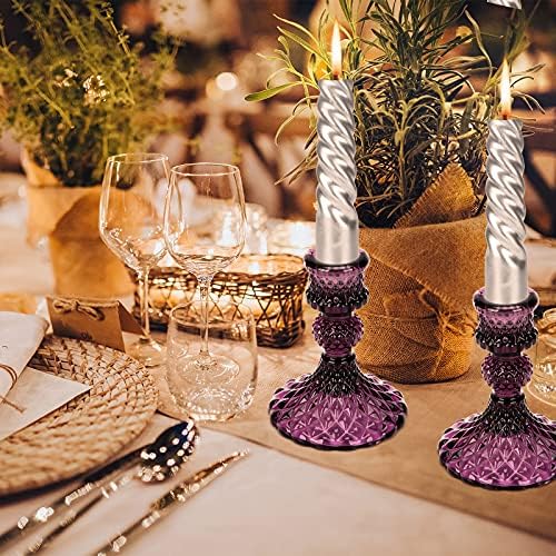 Glass Candle Holder, 2PCS Decorative Candle Sticks Pillar Candle Stand for Formal Events Wedding Party Table Centerpieces Home Decoration, Dark Purple