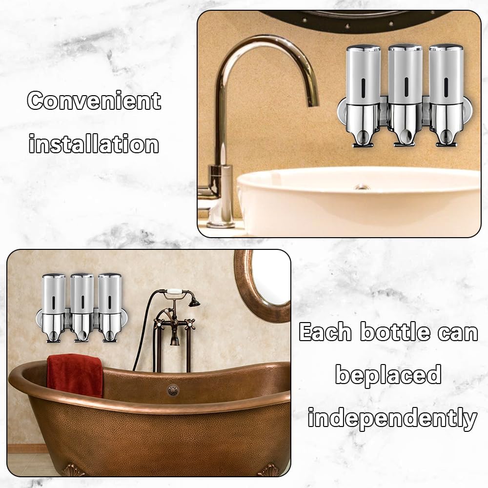 3 in 1 Chamber Wall Mounted Shampoo and Conditioner Dispenser (Silver) | No Drill Shower Soap Dispenser for Bathroom &