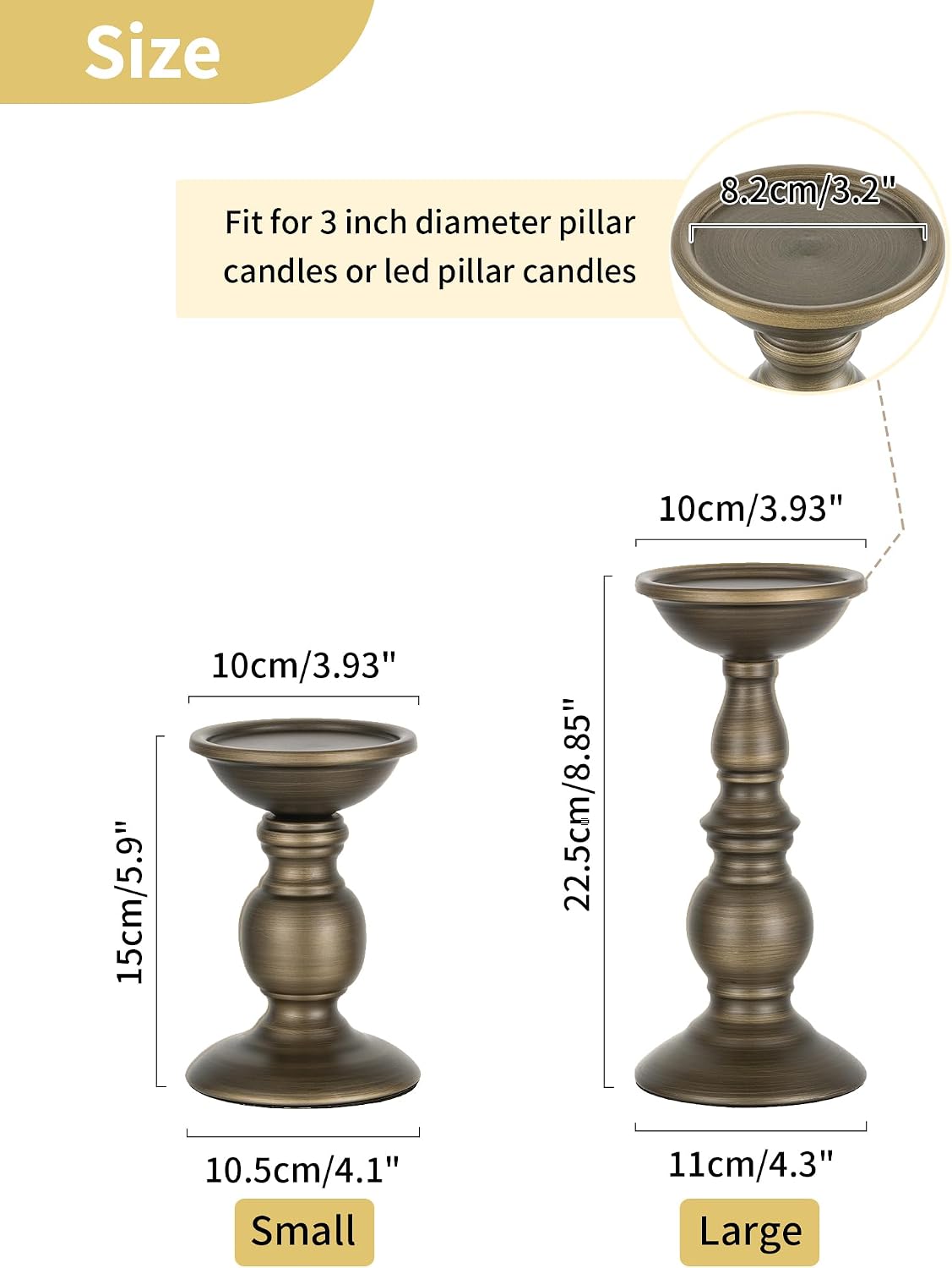 NUPTIO Bronze Candle Holder for Pillars: Candle Stand for 3 inches Candles | (2 x S) Iron Candle Centerpieces for