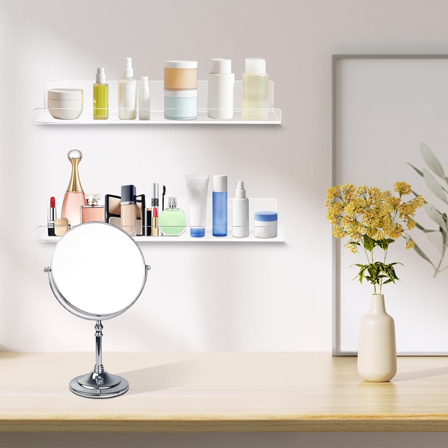 Dezzer 10 Pack Acrylic Shelves for Wall, 15" Clear Acrylic Floating Shelves for Bathroom Bedroom, Invisible Bookshelf