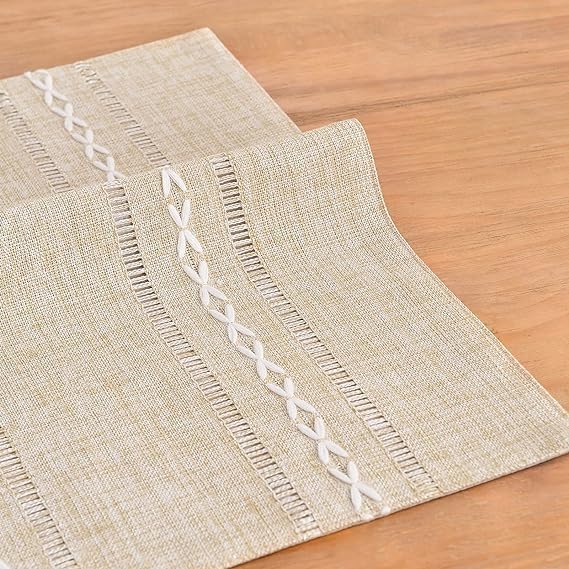 Wracra Cotton Linen Place Mats, Coffee Embroidered Placemats Set of 6 | Placemats 12 x 18 Inch; Cotton Linen Woven
