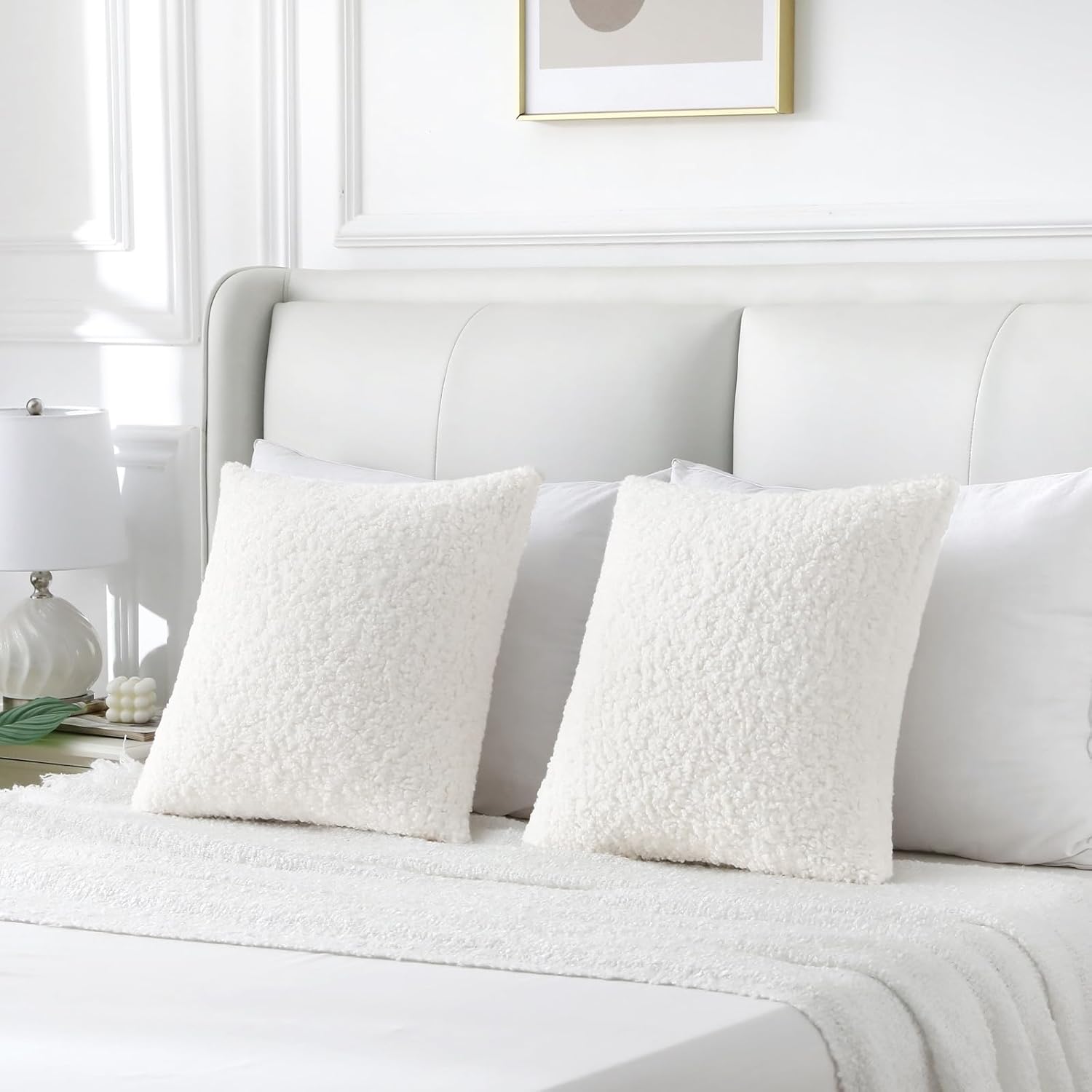 Furry Faux Fur Teddy Boucle Textured Cushion Covers / Cream White / 18 x 18 / Set of 2