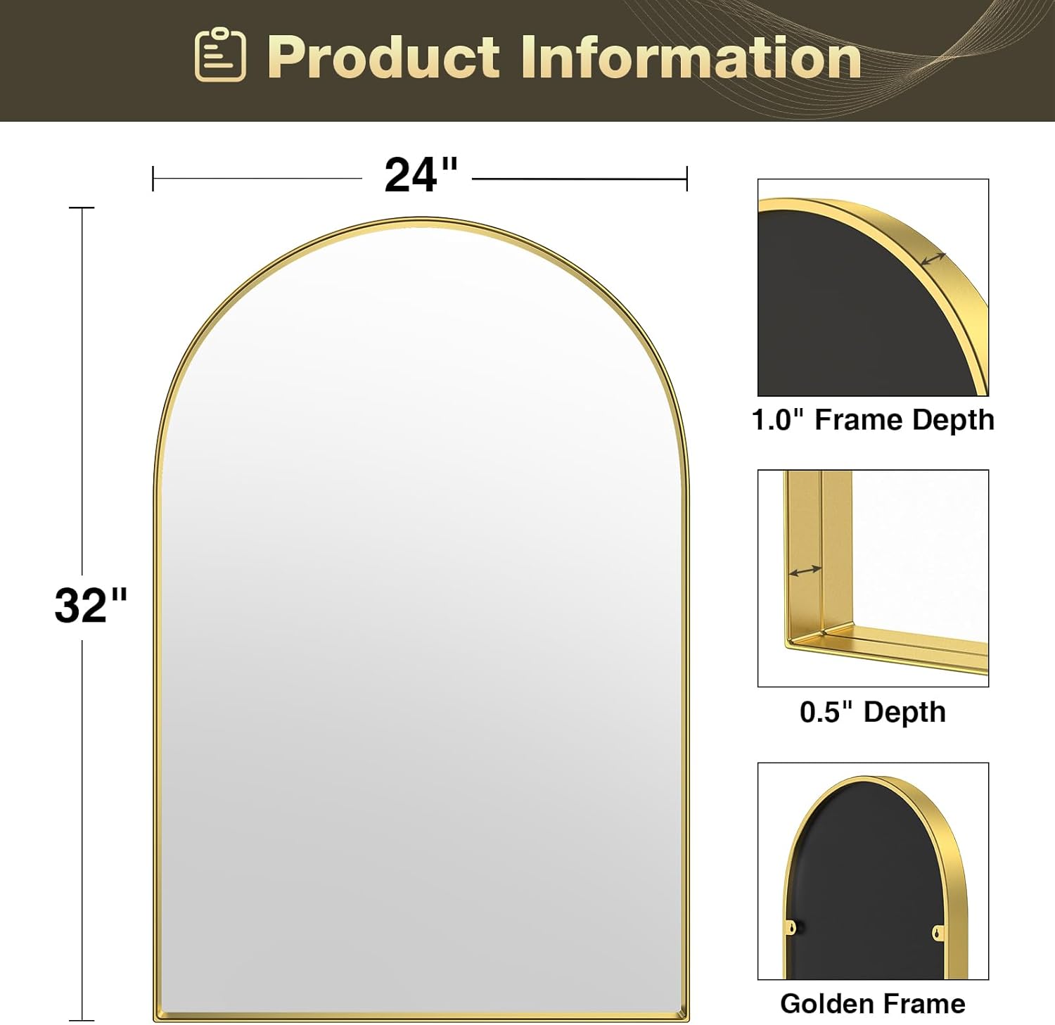 Brass Metal Frame Bathroom Mirror / Gold / 32"L x 24"W / 24 x 32